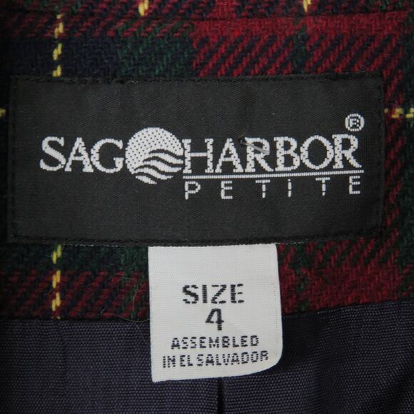 1990s Vintage Sag Harbor Red & Green Plaid Blazer Jacket Size 4 Petite Small - Picture 6 of 7